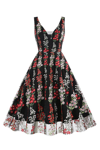 Black Swing 1950s Dress with Embroidery