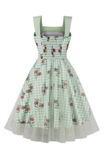 Green Plaid Swing 1950s Dress with Floral Printed