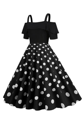 Black Cold Shoulder Polka Dots 1950s Dress