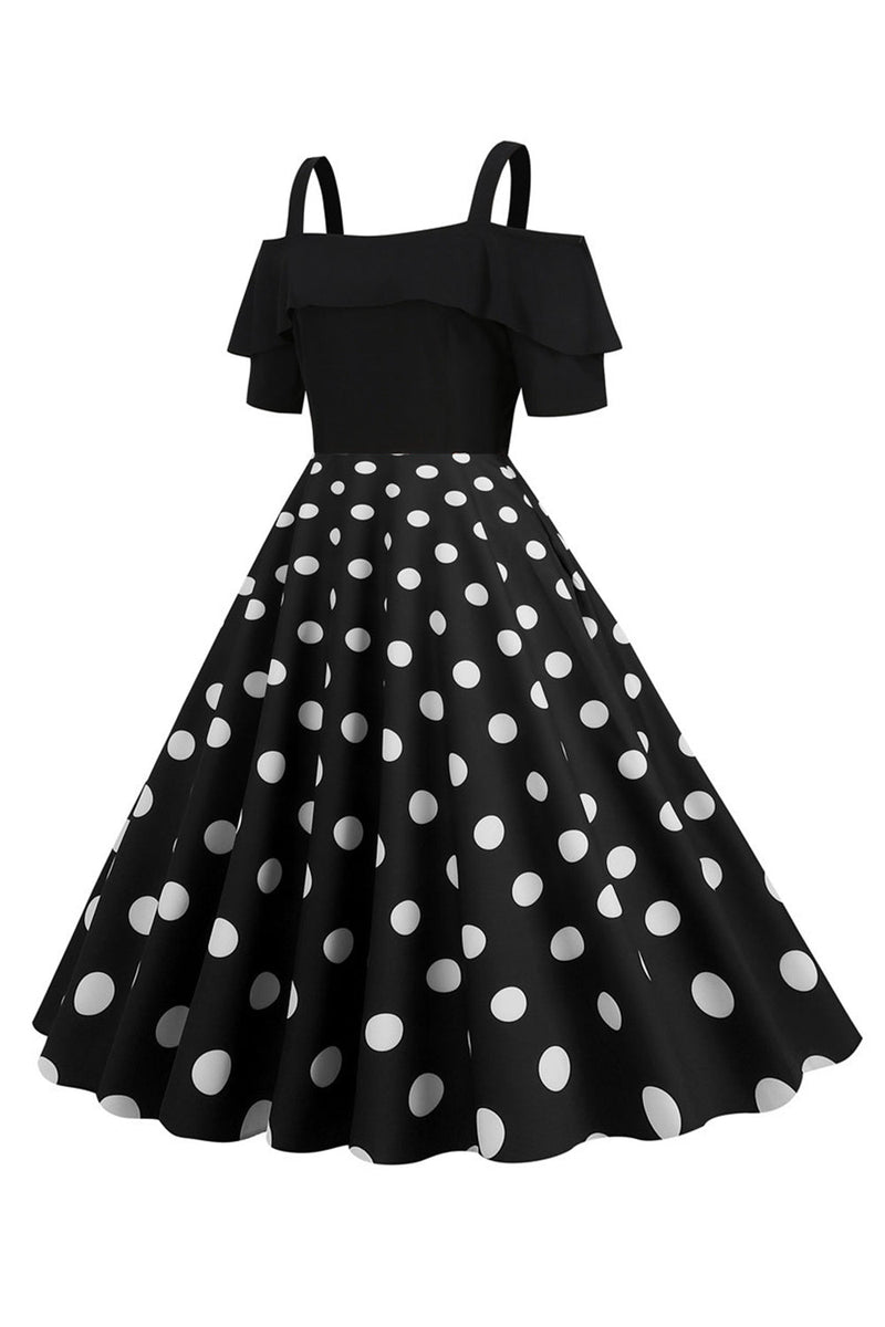 Load image into Gallery viewer, Black Cold Shoulder Polka Dots 1950s Dress