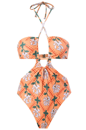 Halter Neck Keyhole One Piece Bikini with Beach Skirt