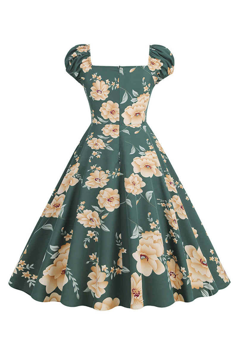 Load image into Gallery viewer, Black Flower Print Swing Retro Dress With Short Sleeves