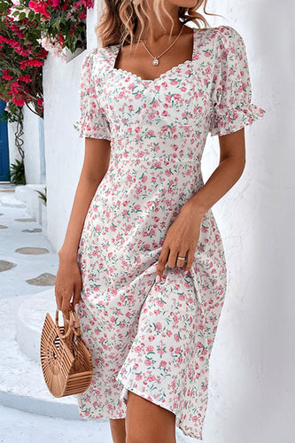 Floral Printed White Short Sleeves Casual Dress