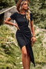 Load image into Gallery viewer, Asymmetrical Black Short Sleeves Summer Dress