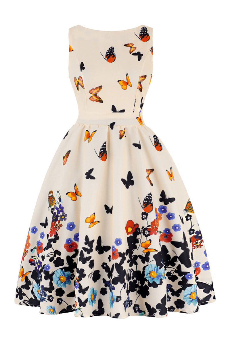 Load image into Gallery viewer, Butterfly Print Sleeveless Apricot 1950s Dress