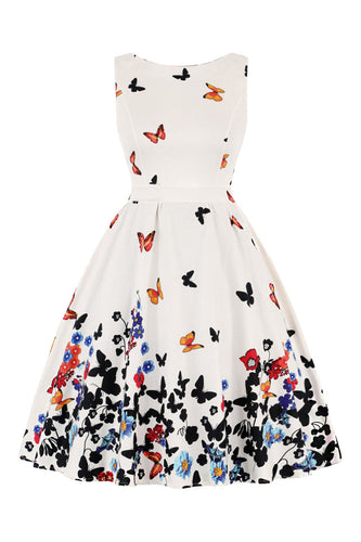 Butterfly Print Sleeveless Apricot 1950s Dress