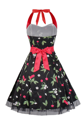 Hepburn Style Halter Tulle Black Printed 1950s Dress