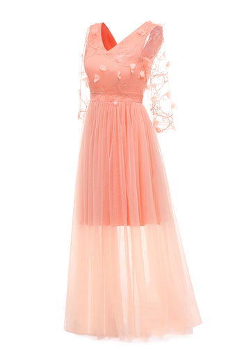 Apricot Tulle Long Sleeve Lace Dress With Appliques