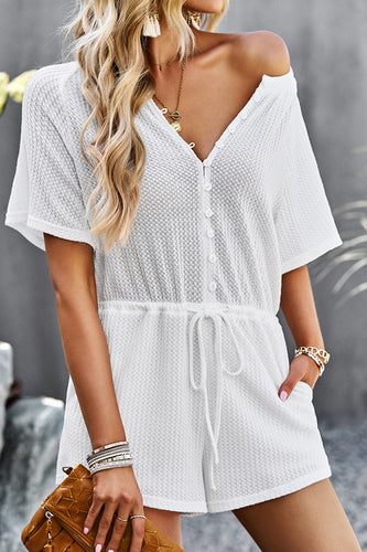 White Short Sleeve Buttons Jumpsuits