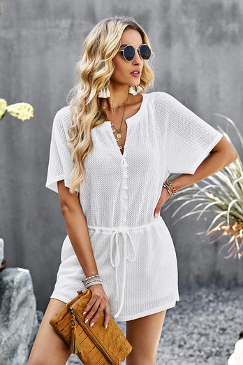 White Short Sleeve Buttons Jumpsuits