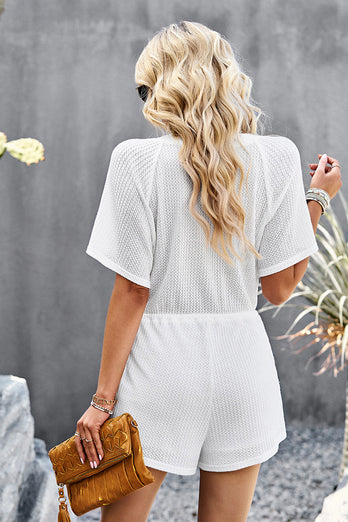 White Short Sleeve Buttons Jumpsuits