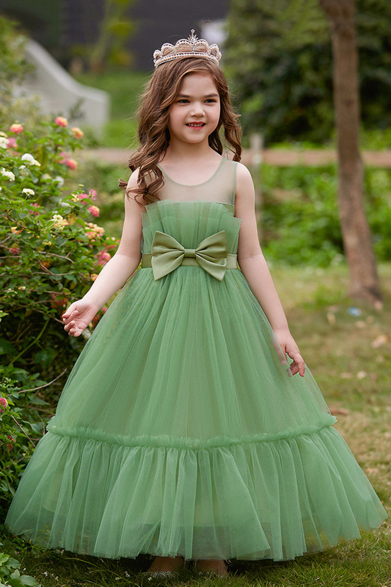 Load image into Gallery viewer, White Strapless Tulle A Line Flower Girl Dress with Bow