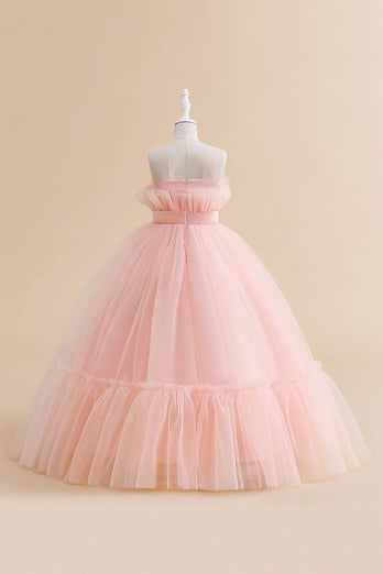 White Strapless Tulle A Line Flower Girl Dress with Bow