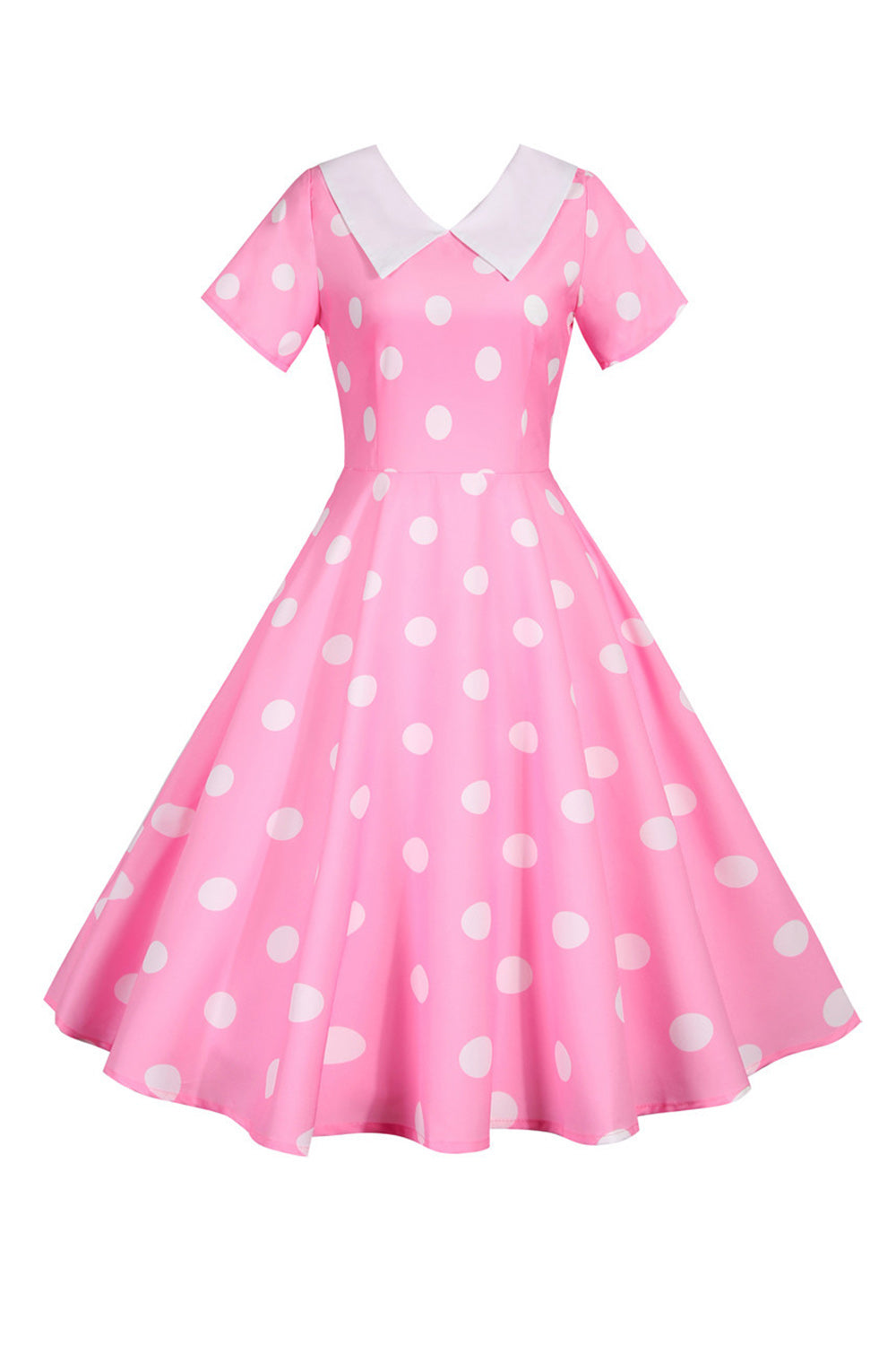 Polka Dots Pink Vintage Dress with Short Sleeves