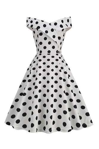 White Off the Shoulder Polka Dots Vintage Dress