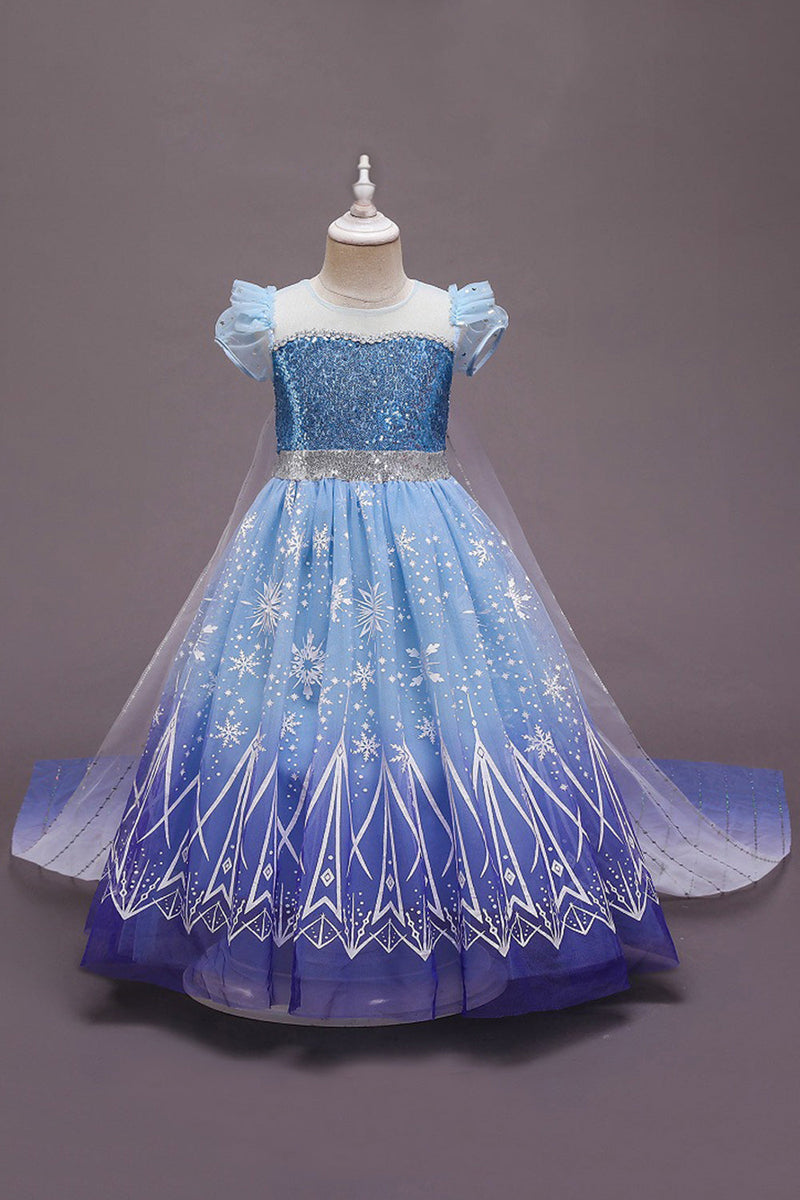 Load image into Gallery viewer, A Line Blue Puff Sleeves Sequins Girls Dresses