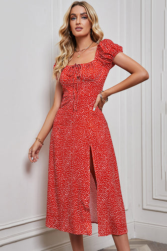 Red Printed Off the Shoulder Summer Dress With Slit