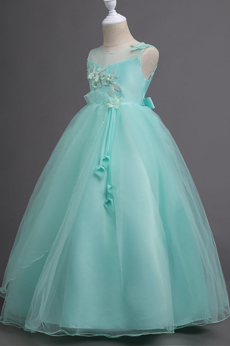 Load image into Gallery viewer, Tulle A-Line Round Neck Green Girls Dresses with Appliques