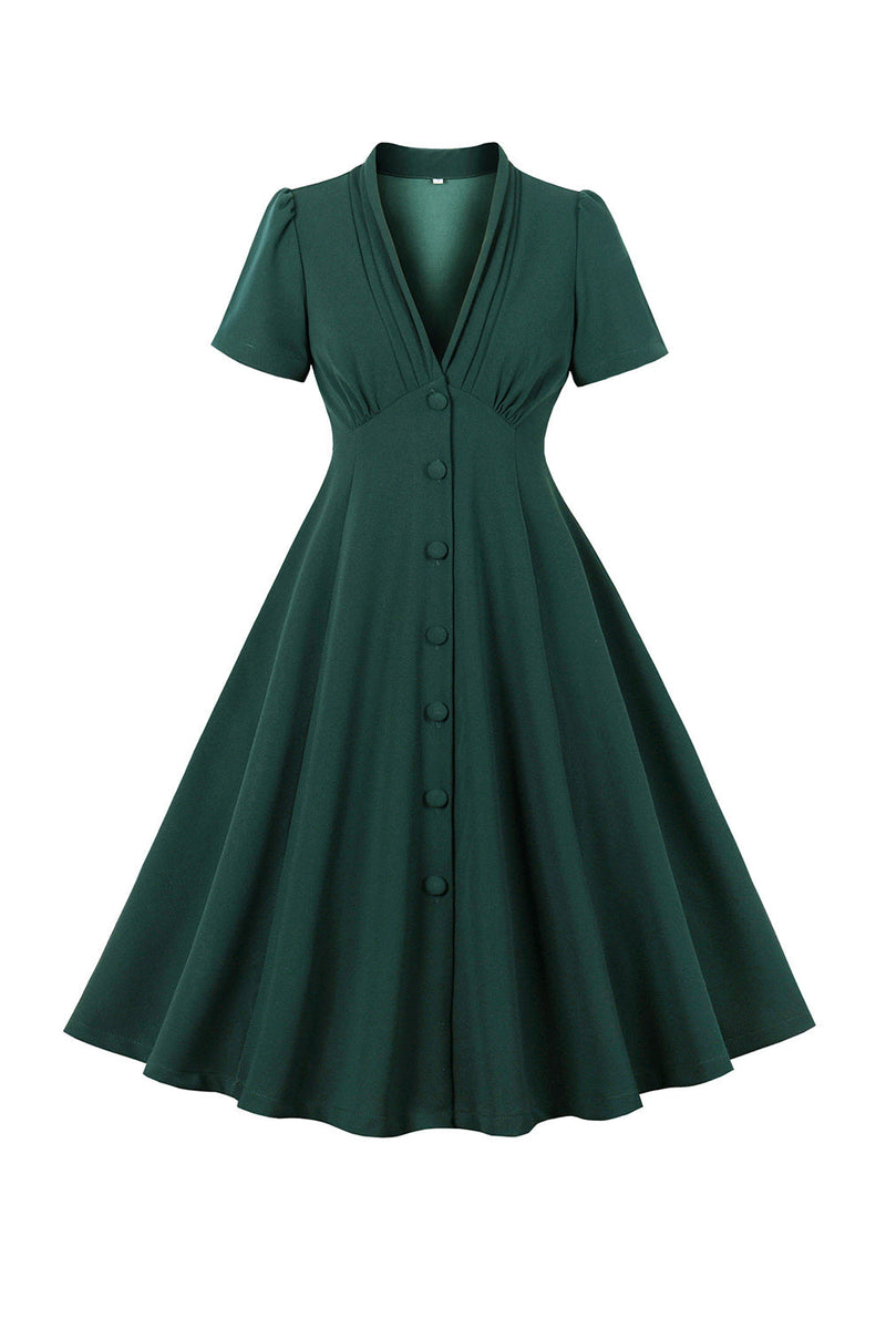 Load image into Gallery viewer, Green Deep V Neck 1950s Dress With Short Sleeves