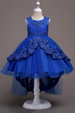 Dark Blue High Low Appliques Girls Dresses