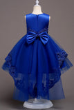 Dark Blue High Low Appliques Girls Dresses