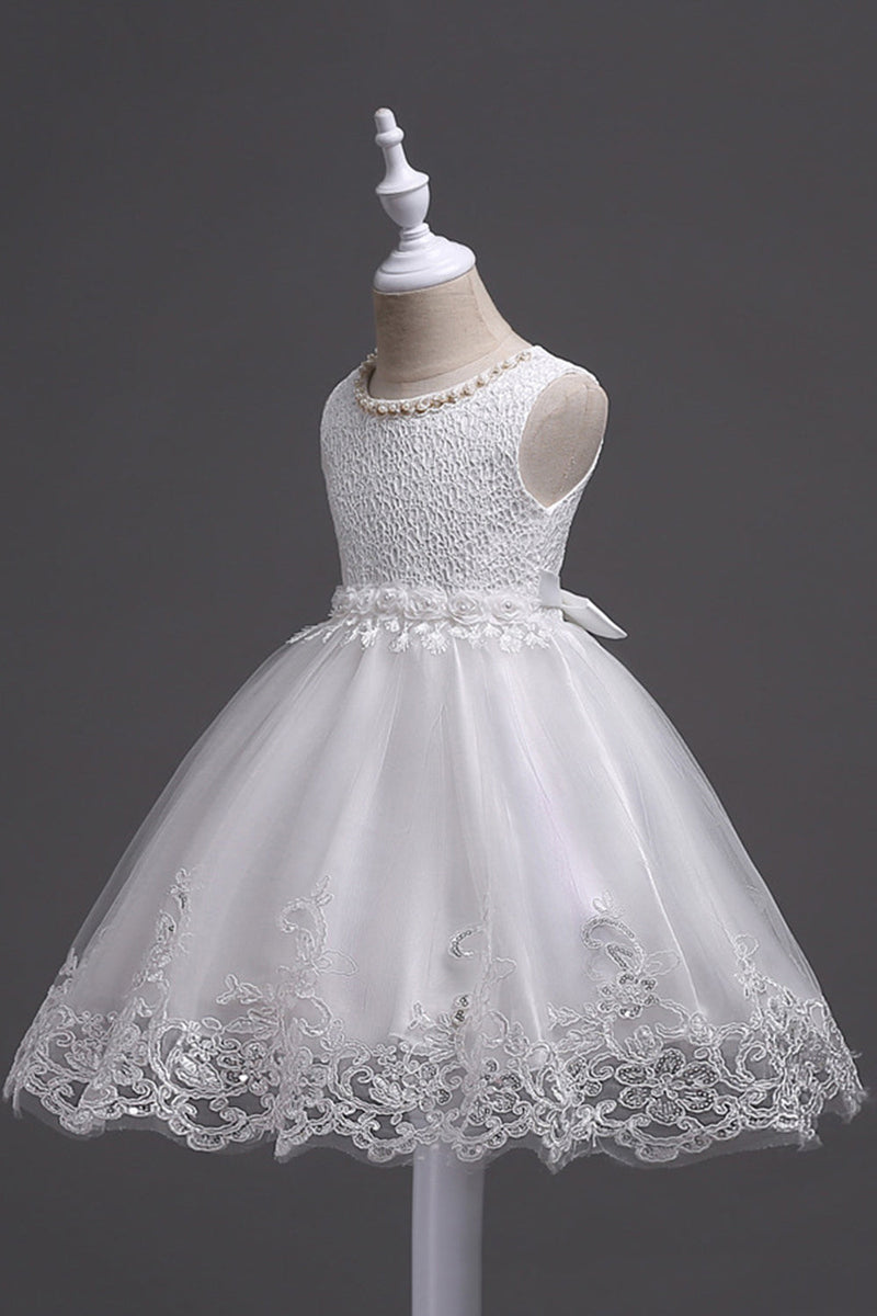 Load image into Gallery viewer, White Round Neck Beading A Line Girls Dresses