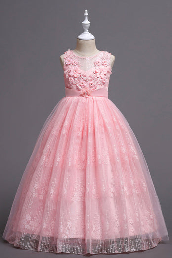 Pink Round Neck Girls Dresses With 3D Flowers