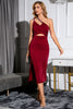 Load image into Gallery viewer, One Shoulder Burgundy Keyhole Cocktail Dress With Slit