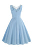 Load image into Gallery viewer, Lake Blue Sleeveless V Neck 1950s Dress