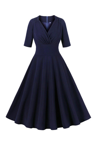 Navy Half Sleeves V Neck 1950s Dress