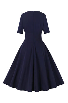 Navy Half Sleeves V Neck 1950s Dress