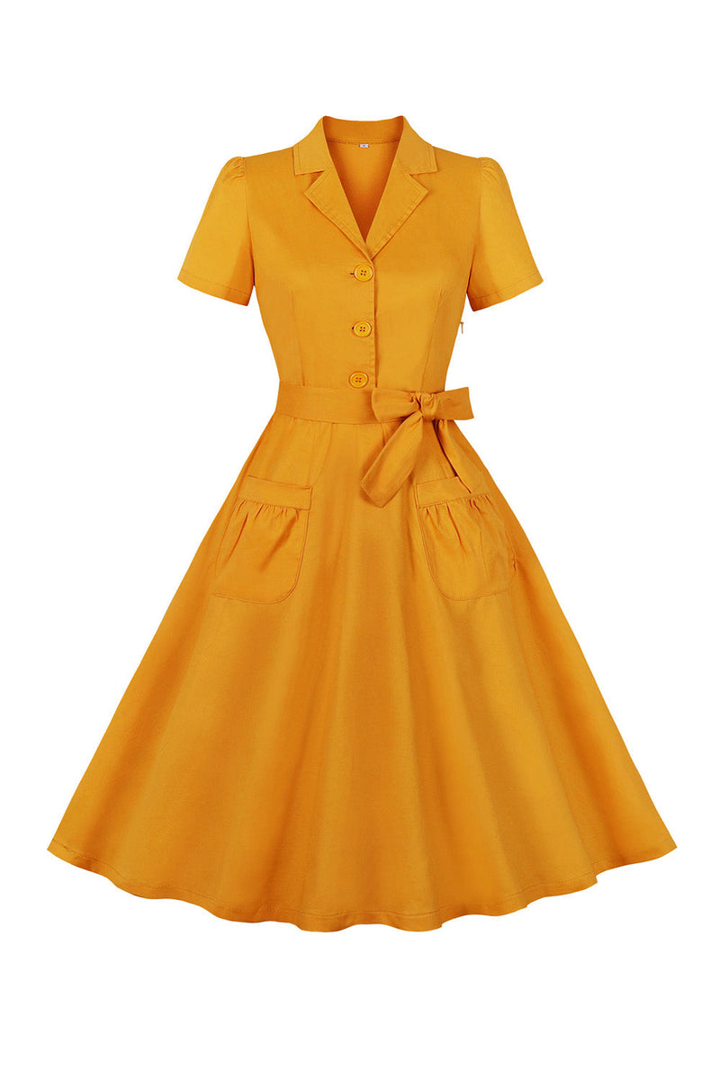 Load image into Gallery viewer, Yellow Swing V Neck Vintage Dress With Short Sleeves