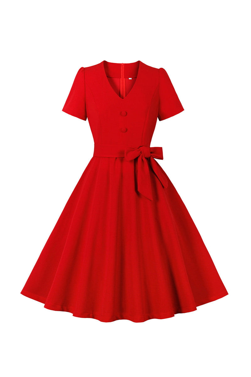 Load image into Gallery viewer, Red V Neck Bowknot Short Sleeves Retro Swing Dress