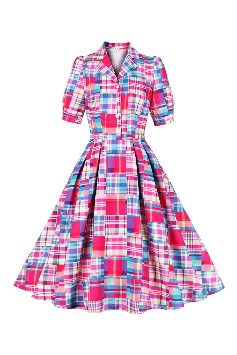 Load image into Gallery viewer, Pink Button Half Sleeves Plaid 1950s Dress