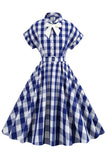 Pink Plaid Bowknot 1950s Dress With Short Sleeves