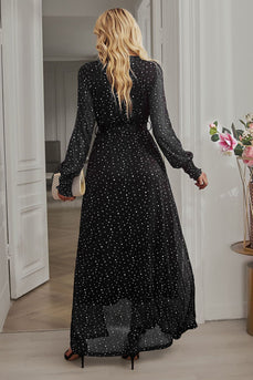 Black Polka Dots Long Sleeves V-Neck Casual Dress With Slit