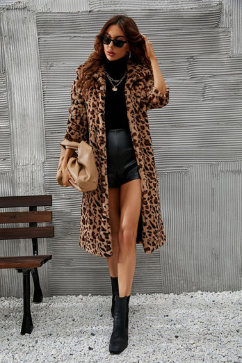 Brown Leopard Printed Faux Fur Long Women Coat