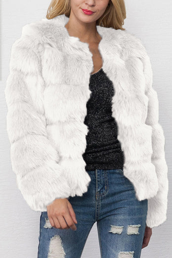 Grey Shawl Lapel Cropped Women Faux Fur Coat