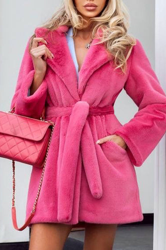 Fuchsia Lapel Neck Long Faux Fur Women Coat with Belt