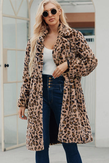 Brown Notched Lapel Leopard Printed Long Women Faux Fur Coat