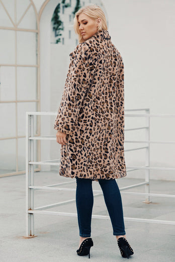 Brown Notched Lapel Leopard Printed Long Women Faux Fur Coat