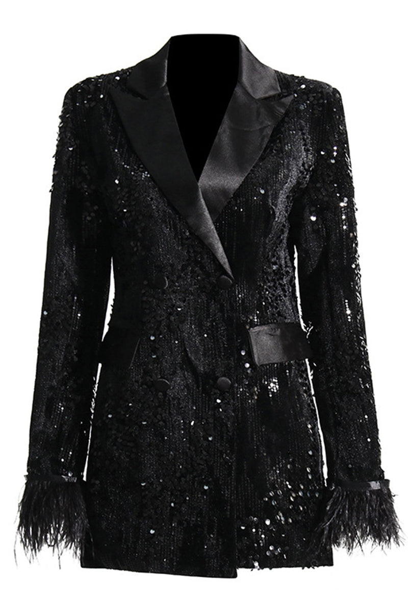 Load image into Gallery viewer, Sparkly Black Peak Lapel Sequins Women Blazer with Feathers