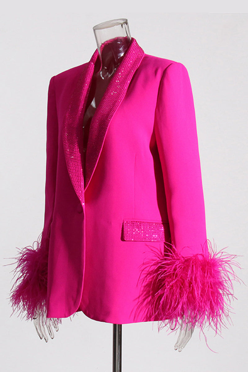 Load image into Gallery viewer, Glitter Hot Pink Shawl Lapel Women Blazer with Feathers