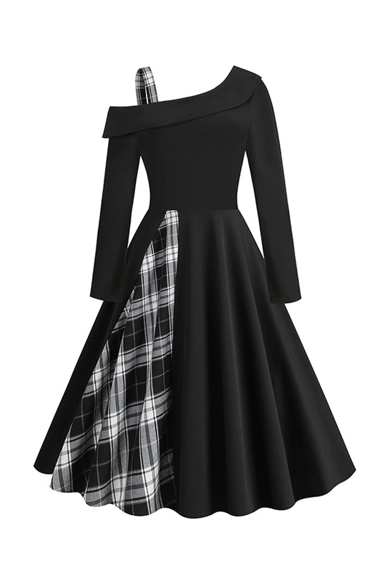 Load image into Gallery viewer, Retro Style One Shoulder Black Plaid 1950s Dress