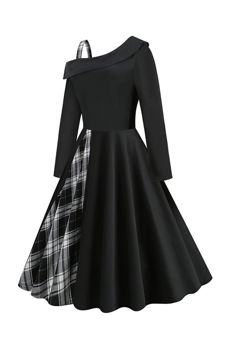 Load image into Gallery viewer, Retro Style One Shoulder Black Plaid 1950s Dress