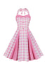 Load image into Gallery viewer, A Line Halter Neck Pink Plaid Pink 1950s Dress
