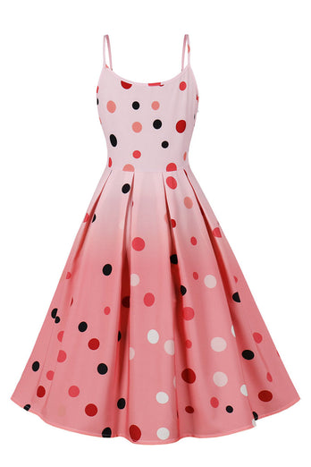 A Line Spaghetti Straps Pink Polka Dots Vintage Dress
