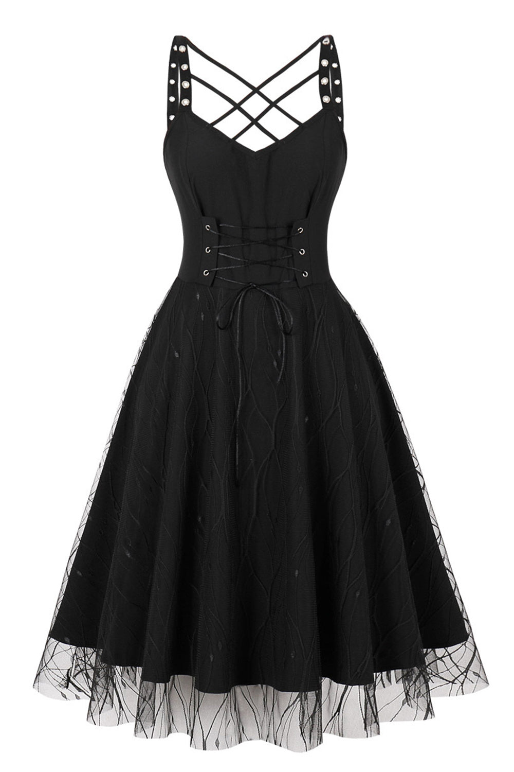 Vintage Lace-Up Cross Straps Black Halloween Dress