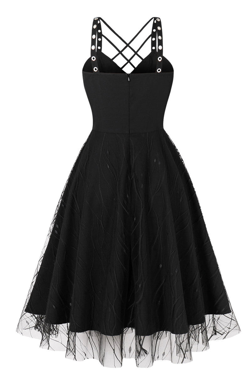 Load image into Gallery viewer, Vintage Lace-Up Cross Straps Black Halloween Dress