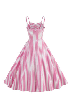 Spaghetti Straps Pink Stripes Swing 1950s Dress
